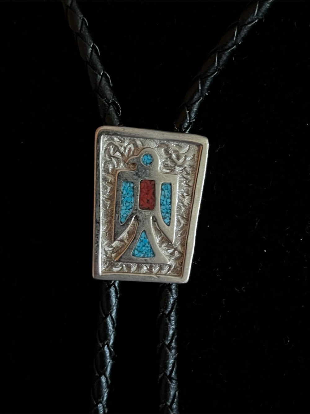 Vintage Western Black Leather Bolo Tie with Silver and Turquoise Bird Accent